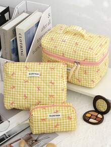Aesthetic Rhombus Pattern Cosmetic Bag, Yellow Plaid & Pink Bow Print Makeup Organizer Bag, Zipper Closure Portable Toiletry Bag, Large Capacity Travel & Daily Use Storage Pouch - Multicolor - View 14