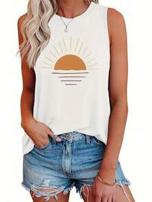 Summer Outfits For WomenPlus Size Sun Print Tank Top, Casual Crew Neck Sleeveless Tank Top For Summer, Women's Plus Size ClothingLoose And Comfortablesummer Tops For Women - 白色 - 查看 12