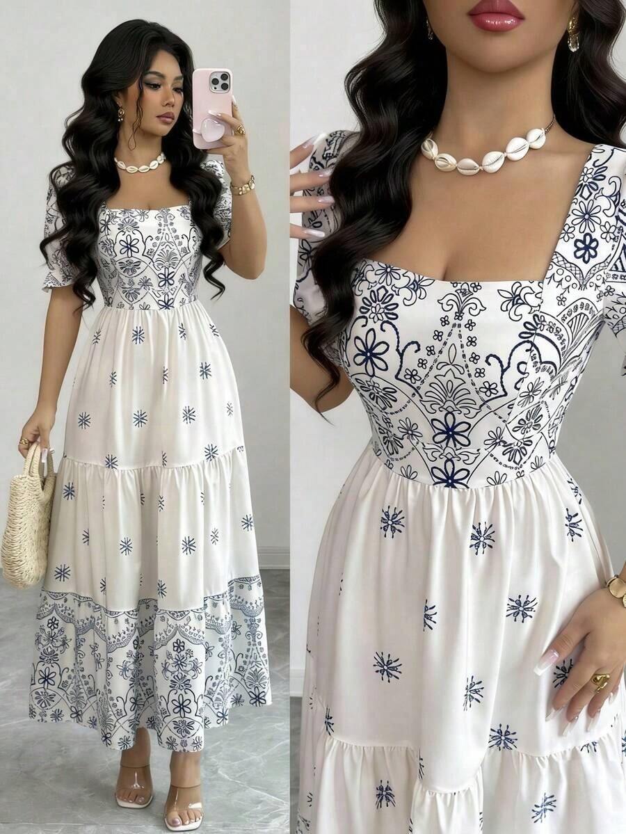 xheElenzga Vestido casual/de trabajo de manga corta con cuello cuadrado y cintura ceñida en línea A con estampado para mujerxhe - Multicolor - Ver 1