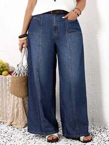 Mature Denim Jeans casuales de pierna ancha con bolsillos para mujer de talla grande con ajuste holgado - Azul - Ver 7