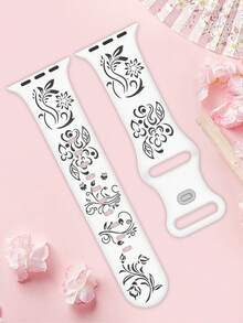 雕花矽膠錶帶，相容 40mm 41mm 42mm 44mm 45mm 46mm 49mm，時尚優雅運動休閒錶帶，相容 Ultra/11/10/9/8/7/6/5/4/SE，女款智慧手錶錶帶 - 白色錶帶配黑色花 - 查看 6