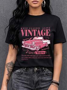 Camiseta de manga corta para mujer, con estampado de auto clásico vintage, cuello redondo, de poliéster, ideal para uso diario, salidas casuales y fines de semana, estilo retro, para primavera y verano, Envío nacional en México. - Negro - Ver 1