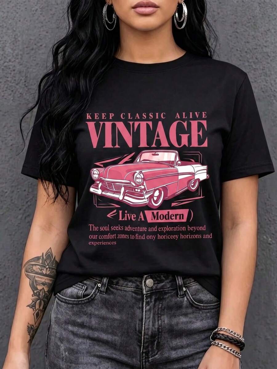 Camiseta de manga corta para mujer, con estampado de auto clásico vintage, cuello redondo, de poliéster, ideal para uso diario, salidas casuales y fines de semana, estilo retro, para primavera y verano, Envío nacional en México. - Negro - Ver 1