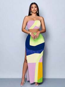 Vestido maxi elegante de fiesta con estampado de rayas abstractas y colores vibrantes, diseño ceñido y sexy, perfecto para salir, fiestas y vacaciones - Multicolor 4 - Ver 6