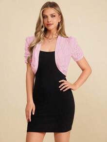 Clasi Chaqueta corta de mujer elegante con mangas cortas de encaje y botones delanteros para la oficina en otoño/invierno - Rosa Pálido - Ver 4