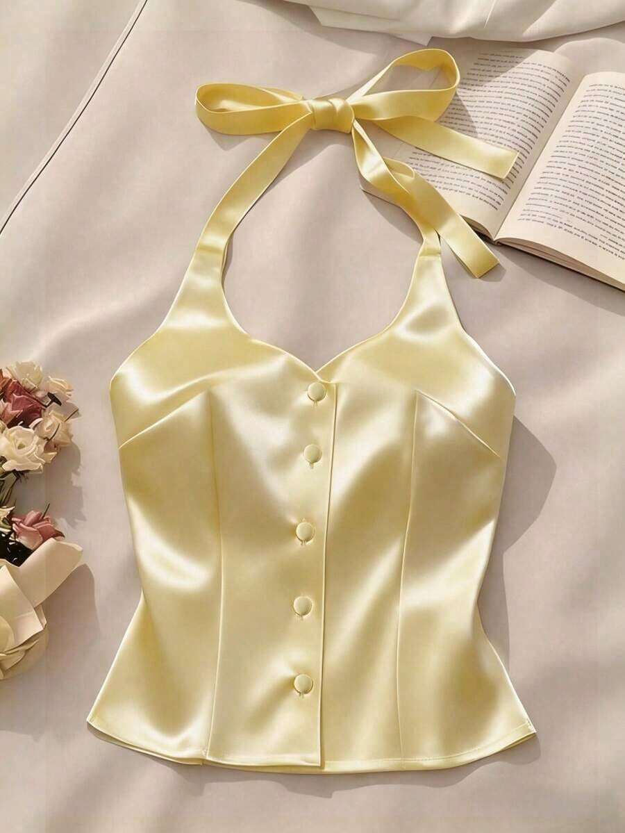 1 pieza Camiseta de tirantes finos de satén blanco sin espalda / Camiseta ajustada sexy y elegante de un solo pecho - Amarillo claro - Ver 1