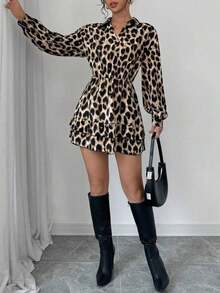 Vestido casual y elegante de manga larga con volantes y estampado de leopardo para mujer - Cafetería - Ver 4