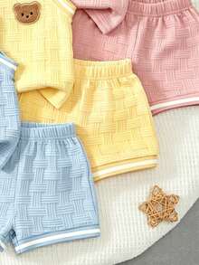 6 Stücke/Set Baby Jungen Sommer Textil Stoff Süßer Bären Muster Rundhals Weste und Shorts lässig Mode Outfit - Blau-Weiß - Übersicht 5