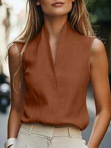 Camiseta sin mangas casual/de trabajo para mujer, estilo europeo y americano, ropa de ocio elegante en beige, azul, rosa, verde para el verano - Marrón Mocha - Ver 4