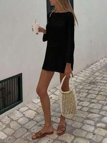 Vestido corto tipo capa de unicolor, informal, fresco, para vacaciones y playa, con adorno de encaje, de manga larga para mujer, para primavera/verano - Negro - Ver 7