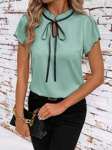 Camisa de mujer de manga corta, con lazo, volantes, a cuadros, elegante y casual para vacaciones y picnic, primavera/verano - Verde Oliva - Ver 6