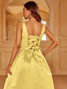Faeriesty Elegante vestido de noche largo sin mangas de color verde jade, con tirantes de escote cuadrado y diseño sin espalda con tela de satén lujosa, adecuado para damas de honor de boda - Amarillo - Ver 6