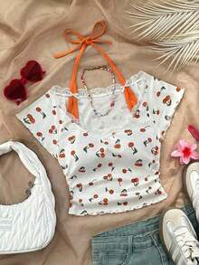 Camisa de verano casual de vuelta al colegio con cuello de encaje vintage estampado de cerezas rojas y blancas, diseño de contrastes y lazo decorativo, estilo ballet, 2 en 1 para mujer - Naranja - Ver 1
