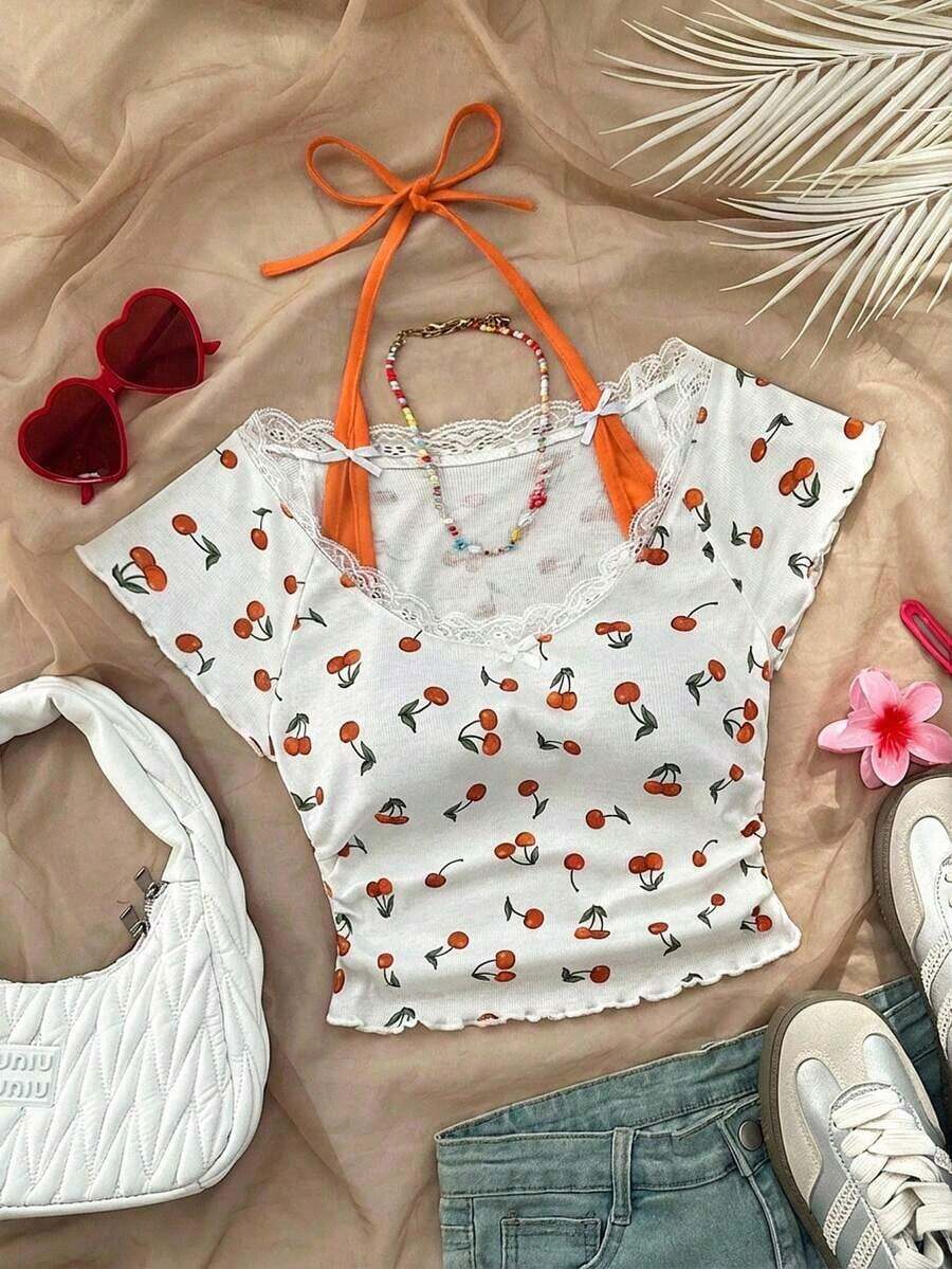 Camisa de verano casual de vuelta al colegio con cuello de encaje vintage estampado de cerezas rojas y blancas, diseño de contrastes y lazo decorativo, estilo ballet, 2 en 1 para mujer - Naranja - Ver 1
