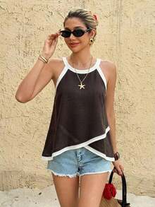 Frenchy Blusa de diseño sencillo con cuello redondo y ribete de contraste sin mangas, Parte superior sin mangas con diseño de ribete de color block y bajo asimétrico, Tela de textura de lino slub, Camiseta sin tirantes envolvente de cuello halter de nicho versátil, Blusa blanca, Fresca y artística, Para vacaciones de verano, Elegante blusa de mujer, Parte superior para dama de honor, Parte superior para fiesta - Marrón - Ver 5