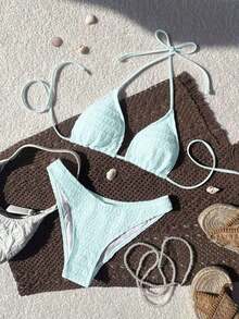 Swim Mod 2026 Spring/Summer Women's Spaghetti Strap Halter Unique Fabric Light Blue Sweet Vacation Side High Cut Bikini Two Pieces Swimsuit - 淺藍色 - 查看 7