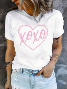 Camiseta de manga corta para mujer, con estampado de corazones y diseño XOXO - Suave y transpirable, cuello redondo, lavable aáquina, perfecta para uso casual al aire libre y moda conservadora - Camiseta unisex de algodón holgada de manga corta y cuello redondo, estilo vintage urbano. - Blanco - Ver 1