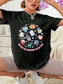Playera minimalista modernaCamiseta gráfica de gran tamaño de máquina de garras, Amor y Espacio Profundo, camiseta de algodón suave para amantes de otome, ropa casual, moda de primavera, diseño divertido y juguetón, camiseta clásica de algodón pesado de manga corta unisex, camiseta gráfica impresa, top casual de verano de manga corta para mujeres - Negro - Ver 2