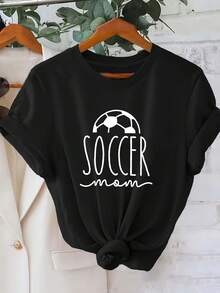 Camiseta de Algodón con Estampado de Mamá Futbolista para Mujer - Suave, transpirable, de cuello redondo con estampado geométrico de fútbol, ropa casual y cómoda para primavera y verano, adecuada para entusiastas del deporte y mamás futbolistas. - Negro - Ver 1