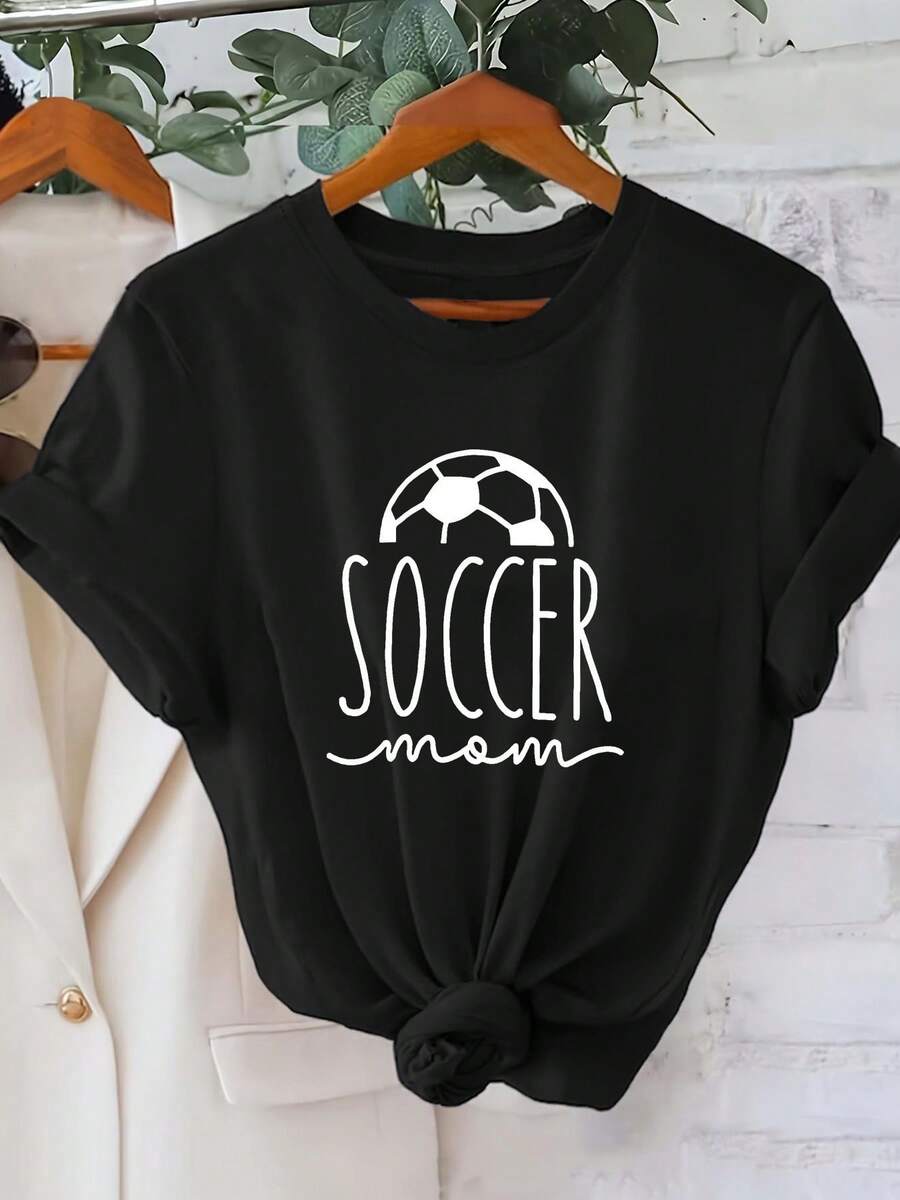 Camiseta de Algodón con Estampado de Mamá Futbolista para Mujer - Suave, transpirable, de cuello redondo con estampado geométrico de fútbol, ropa casual y cómoda para primavera y verano, adecuada para entusiastas del deporte y mamás futbolistas. - Negro - Ver 1