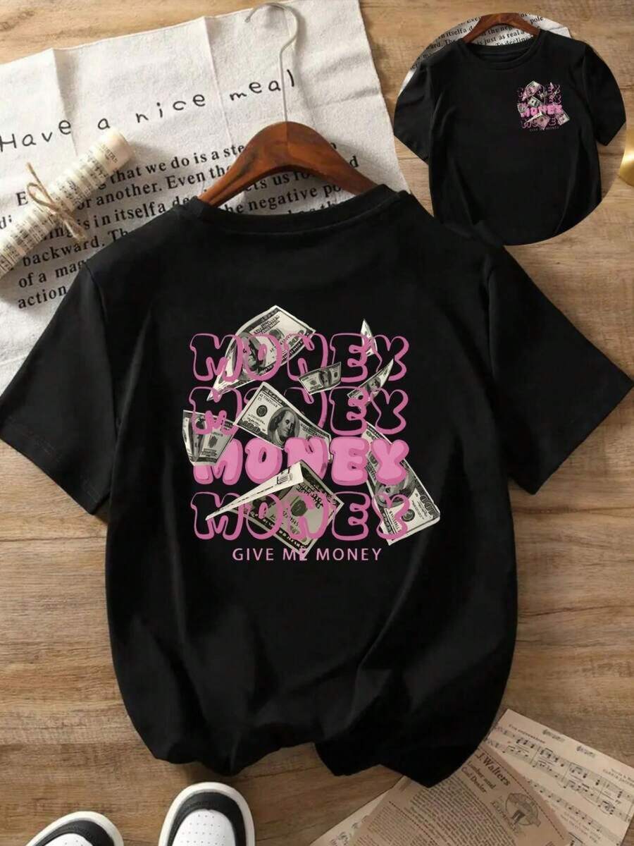 **Product Title:** Unique And Y2K T-Shirt With A Striking Banknote Design And The Text "Give My Money". Ideal For Those Seeking An Urban And Original Style. Turn Heads On Any Occasion. Don't Miss Out! R4Q3 - 黑色 - 查看 1