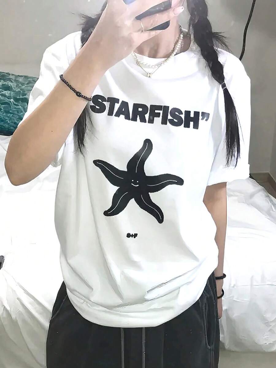 Y2K Women's Cartoon Starfish Graphic T-Shirt - White Short Sleeve "STARFISH" Print Tee, Loose Fit, Crew Neck, Casual And Versatile Design, Relaxed Fit | Playful Graphic Tee | Comfortable Fit - [白色的] - 查看 1