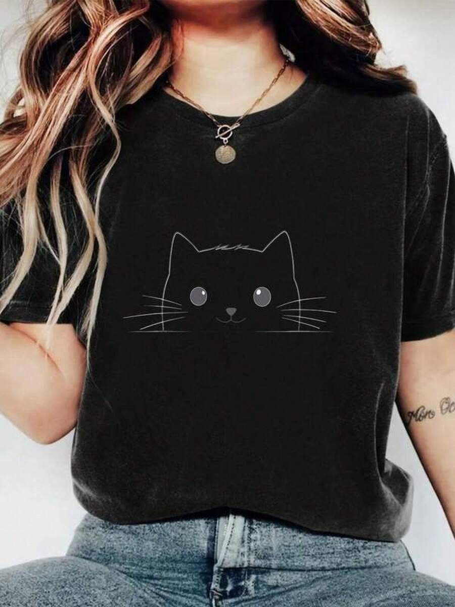 Unisex Pure Cotton Printed Casual T-Shirt. Minimalist Cat Print T-Shirt For Women, Casual And Comfortable Style, Ideal For Cat Lovers, Available In Sizes S, M, L; Black. Modern, Fashionable Clothing. Comfortable And Versatile For School, Work, Outings, And Casual Events. - 黑色 - 查看 1
