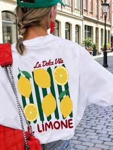 1 Piece Of Women's Summer T-Shirt, Round Neck And Short Sleeve, With Vertical Stripe And Lemon Print "La Dolce Vita", Suitable For Vacation, Office, Outings, Daily Wear, Dates, Parties, Meetings And Casual Street Occasions. - 白色 - 查看 2