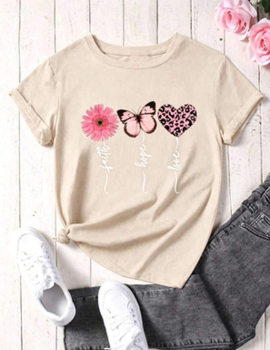 This Casual T-Shirt Features A Simple Print, A Round Neck, And Short Sleeves. The Classic, Basic Design Is Universally Flattering, And The Loose, Relaxed Fit Feels Comfortable And Breathable. The Fine, Soft Texture Is Soft Against The Skin And Breathable, So It Won't Pill Or Lose Its Shape Over Time. The Subtle, Elegant Print Design Is A Must-Have For Summer. This Versatile Piece Pairs Perfectly With All Kinds Of Bottoms-You Can't Go Wrong. - 米色 - 查看 1