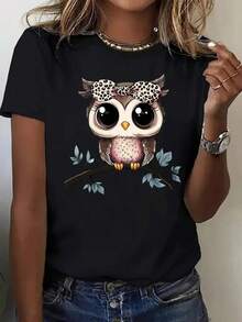 100% Algodón Premium 180g .¡Oferta Especial!Playera.Camiseta negra de algodón con impresión de búho estilo kawaii con detalle de lazo animal print para mujer joven en primavera y verano.Tallas disponibles: S, M, L. Moda casual femenina, camiseta gráfica,  juvenil.Camiseta Streetwear Unisex Ideal para Conciertos y Regalo - Negro - Ver 6