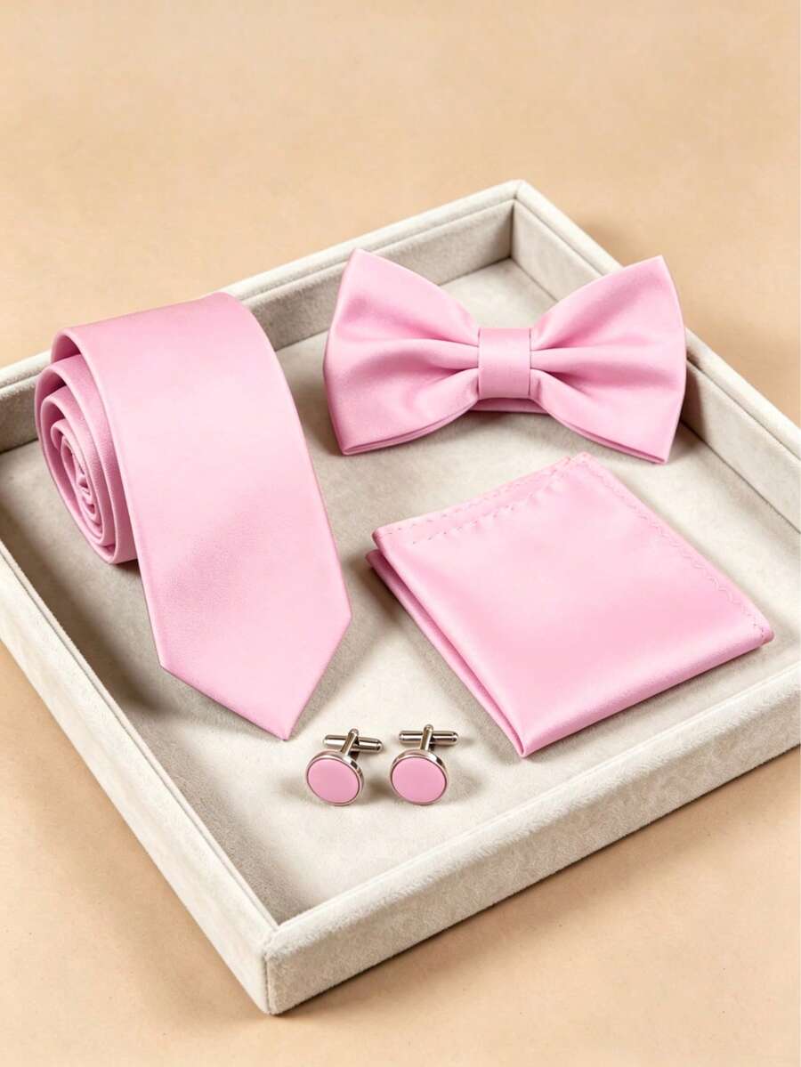 4pcs Men's Business Solid Color Polyester Tie & Bow Tie & Pocket Square & Cufflinks Combination Set, For Weddings - Pink - View 1