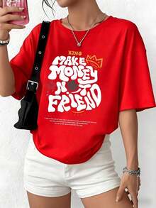 100% Cotton. The Print Features A Creative Phrase That Inspires Independence And Positive Energy, Along With A Golden Crown And Urban Elements Symbolizing Confidence And Empowerment. Women's 100% Cotton T-Shirt With A Modern Cut And Soft Fabric. Women's Simple Solid Color T-Shirt, Loose And Slim Fit Casual Short Sleeve - 紅色的 - 查看 10