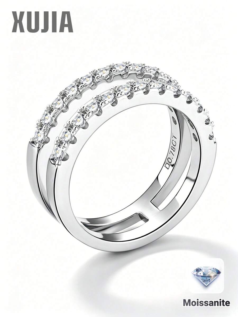 XUJIA 1 chiếc nhẫn nữ thời trang hai hàng đính đá Moissanite, 2mm*26 viên đá Moissanite tròn, nhẫn bạc 925, quà tặng kỷ niệm/sinh nhật.