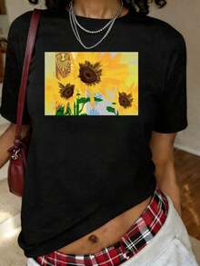 Women's Clothing Sunflower Print T-Shirt, Short Sleeve, Round Neck, Casual Top For Summer And Spring, Plus Size Women's Clothing, Women's Shirts - 黑色 - 查看 1