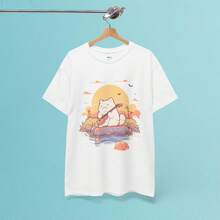 Kawaii Cat Guitar TShirt Japanese Harajuku Sunset Tee - Blanco - Ver 1