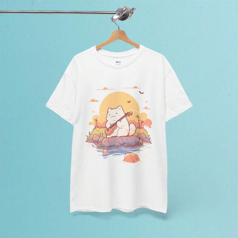 Kawaii Cat Guitar TShirt Japanese Harajuku Sunset Tee - Blanco - Ver 1