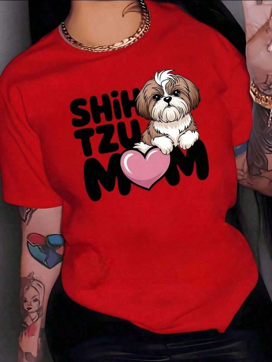 short-sleeveImagen de un adorable perro Shih Tzu junto a un corazón rosado que simboliza amor y ternura hacia las mascotas perfecta para madres que aman a sus perros camiseta para mujer 100% algodón Blusas Para Mujer Casual100% Cotton - Rojo - Ver 1