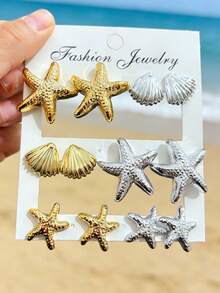 12pcs Gold + Silver CCB New Beach Jewelry, Vintage Starfish & Shell Elements, Suitable For Women Holiday Wear Earrings - Gold - View 3