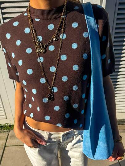 Blusa de punto de manga corta con contraste de color de lunares, elegante y minimalista para uso diario y casual