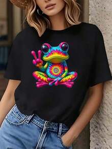 Camiseta de manga corta con cuello redondo y estampado para mujer Patrón de Señal de Paz con Rana Colorida S-3XL moda, cómodo y transpirable unio lavable a máquina - Negro - Ver 2