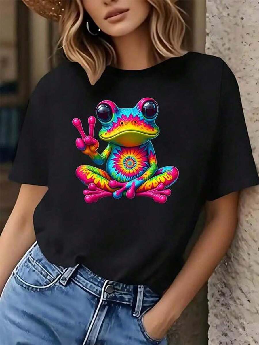 Camiseta de manga corta con cuello redondo y estampado para mujer Patrón de Señal de Paz con Rana Colorida S-3XL moda, cómodo y transpirable unio lavable a máquina