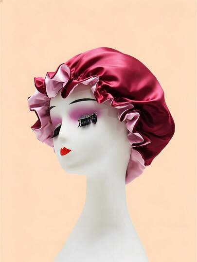 1pc Wine Red And Pink Color Blocking Double Layer Satin Hair Bonnet For Women, Reversible Ruffle Edge Sleep Cap, Soft Silky Night Head Wrap For Curly Hair, Elastic Hair Protection Turban