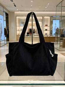 Large Capacity Corduroy Tote Bag, Casual Shoulder Bag With Side Pockets, Lightweight For Work, School, Travel & Daily Commute, Versatile Solid Color Handbag - Multicolor - View 6