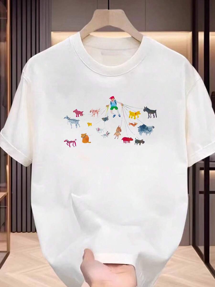 Men's Short-Sleeved T-Shirt With A Colorful Illustration Of A Girl Walking Her Dog, Perfect For Summer Commutes And Versatile Wear. Comfortable And Relaxed Casual T-Shirt That Feels Great Against The Skin. - 白色 - 查看 1