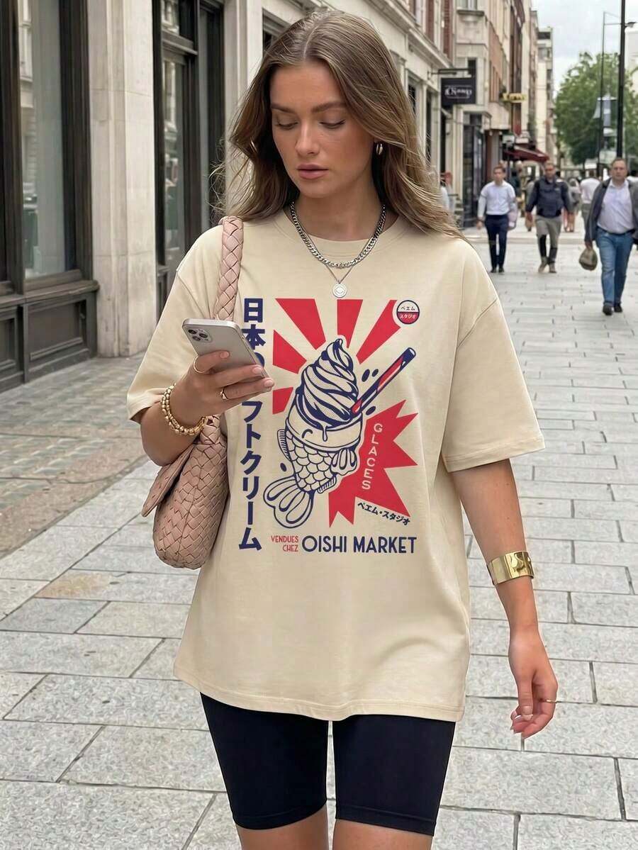 Camiseta de mujer con texto en español "Abuela Chic", camiseta gráfica estándar de abuela latina, cómoda camiseta de manga corta con lema familiar 2026, regalo casual de cuello redondo para vacaciones de verano Cuello Redondo Algodón 100% Tejido Suave Manga Corta