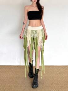 Women's Summer Fashion Vacation Style Contrast Lace Asymmetrical Hem Colorblock Skirt - Green - View 3