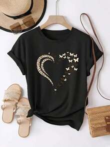 New Fashion Women's Crew Neck-Shirt Playera camiseta basica estampada grafica dama mujer manga corta cuello redondo estampado corazon corazones mariposa mariposas animal print leopardo guepardo cheetah chita aesthetic regular casual comoda fresca ligera suave moderna juvenil romantica bohemia salida casa diario dia playa calor primavera veranoSummer-ready versatile design. - Negro - Ver 1