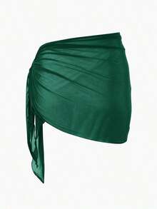 Falda pareo de malla de color sólido, perfecta para vacaciones en la playa. - Verde Oscuro - Ver 2