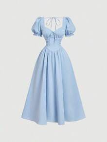 MOD Vestido elegante de longitud media con mangas cortas de pétalos y lazo delantero de unicolor para mujer - Azul - Ver 8