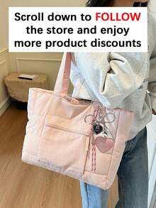 Simple Solid Color New Popular Quilted Tote Bag In Spring And Summer, Lightweight, Practical And Large Capacity With Body Patch Pockets, Shoulder Bag, Zipper Switch, Double Shoulder Straps, High-Value Armpit Bag, Suitable For Commuting To Work, School, Class, Shopping And Storage - Pink - View 3